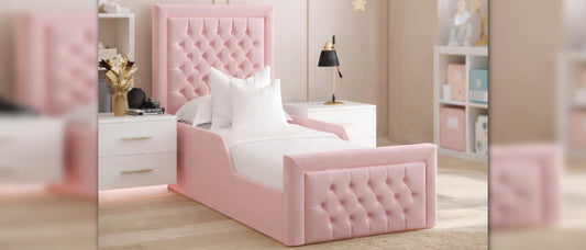 Kids beds pink upholstered bed with padded headboard in modern kids bedroom
