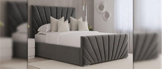 Grey king size ottoman bed frame with upholstered headboard and storage base