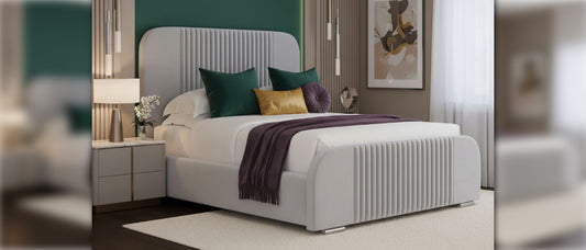 Storage bed frames with upholstered design and modern headboard in a stylish bedroom