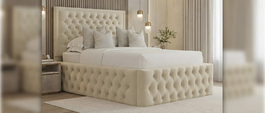 Chesterfield bed with cream tufted upholstery and padded headboard in a modern UK bedroom