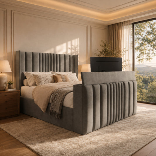 Lucerne Grey High Headboard Ottoman TV Bed Frame