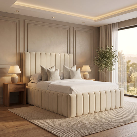 Aberystwyth Cream Upholstered Ottoman Storage Bed with Panelled Headboard