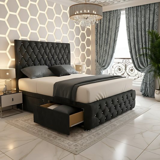 Moscow Diamond Button High Headboard Divan Drawer Storage Bed Frame in black, featuring elegant button tufting and spacious under-bed storage.