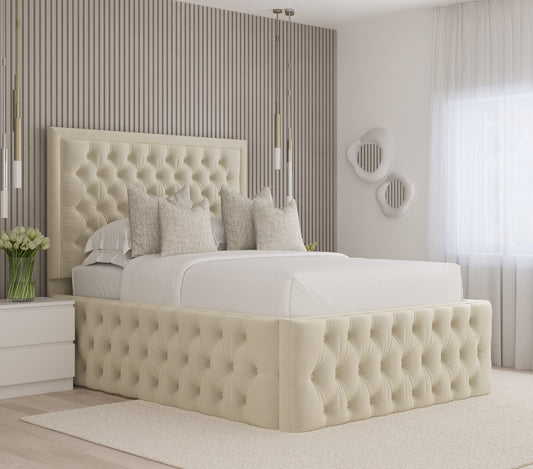 Bournemouth Chesterfield Upholstered Ottoman Storage High Headboard Bed - Cream