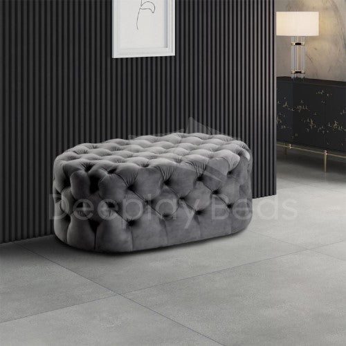 Chesterfield Fabric Upholstered Silver Round Button-Tufted Footstool
