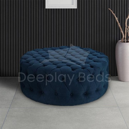 Chesterfield New Navy Blue Velvet Round Footstool