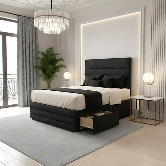 Black high headboard divan storage bed with line panel design and side drawer storage in modern bedroom.