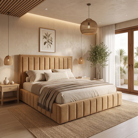 Ivory Upholstered Fabric Bed Frame with High Panel Headboard