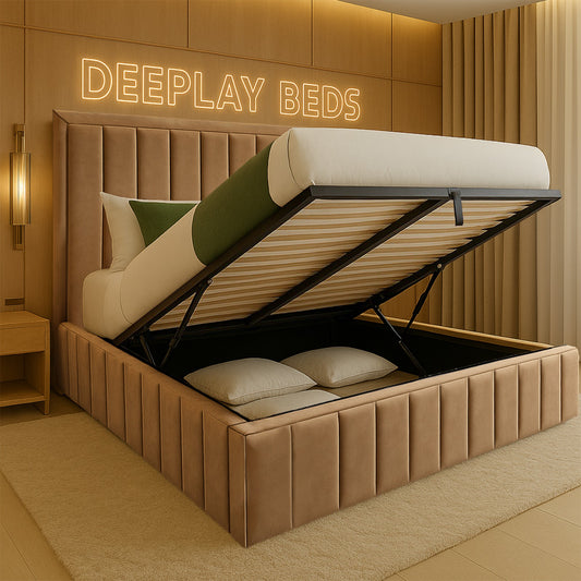 Beige bed with storage compartment in a room with 'DEEPLAY BEDS' neon sign.