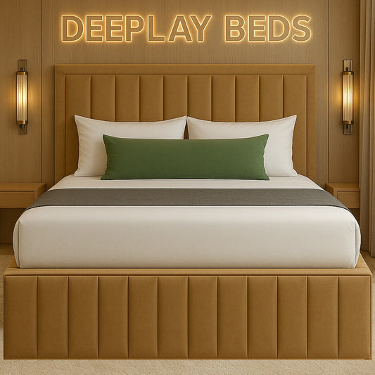Ivory Upholstered Fabric Bed Frame with High Panel Headboard in a serene, modern bedroom setting.
