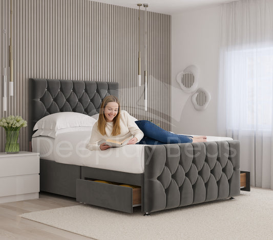 Lancaster Grey Chesterfield Upholstered Ottoman Storage Bed Frame with tufted headboard and hidden storage drawer, modern bedroom design.