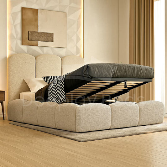 Beige upholstered bed with a lift mechanism in a modern bedroom setting.
