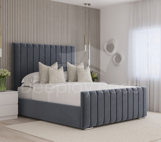 Mayfair Grey Plush Velvet Tall Headboard Ottoman Storage Bed Frame with pleated design and spacious under-bed storage for modern luxury.