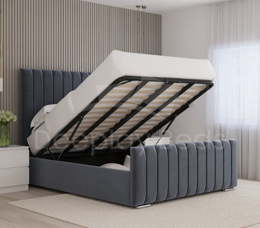 Mayfair Grey Plush Velvet Ottoman Storage Bed Frame with lift-up storage mechanism, providing easy access to spacious under-bed storage.