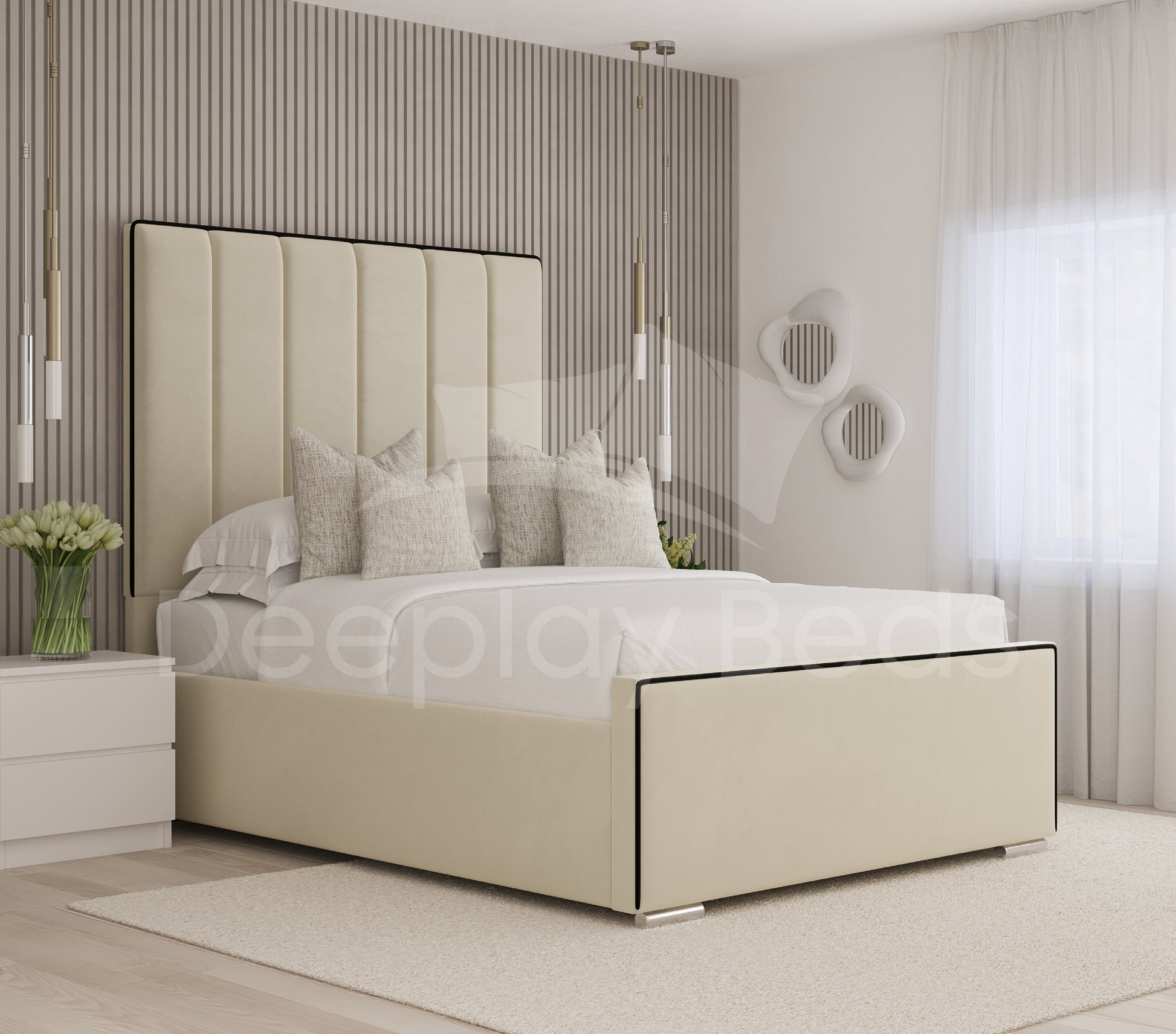 Beige upholstered bed in a modern bedroom setting with striped walls and a nightstand.