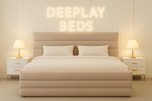 Neon sign displaying 'DEEPLAY BEDS' above a bed in a bedroom setting.