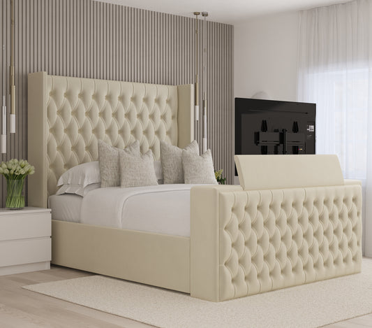 Oxford Chesterfield Wingback High Headboard TV Bed Frame – Cream