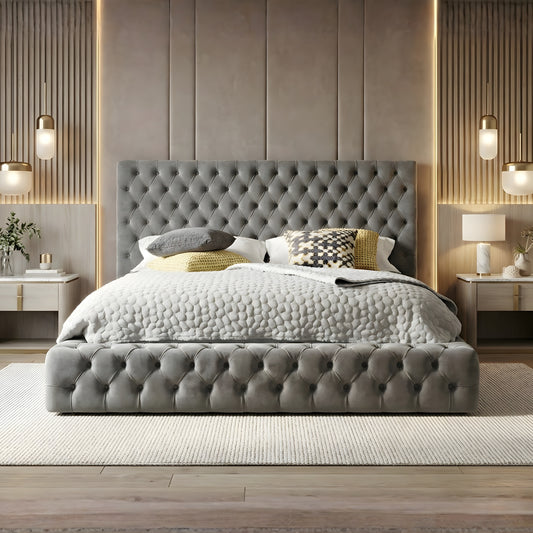 Plymouth Chesterfield high headboard ottoman storage bed frame with tufted grey velvet upholstery and spacious hidden storage beneath the bed.