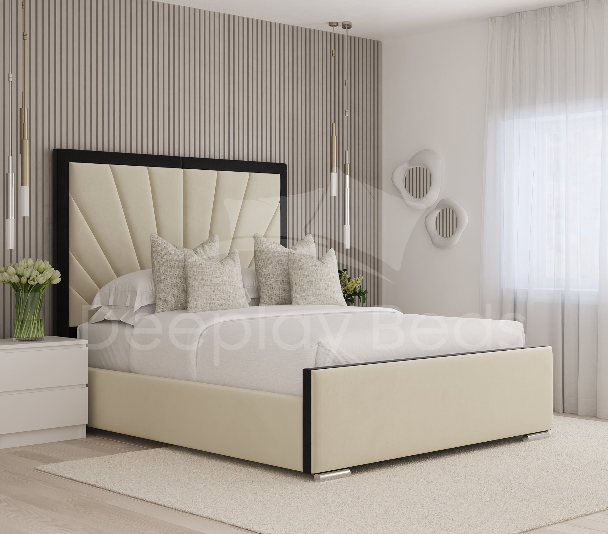 Beige upholstered bed with white bedding in a modern bedroom setting.