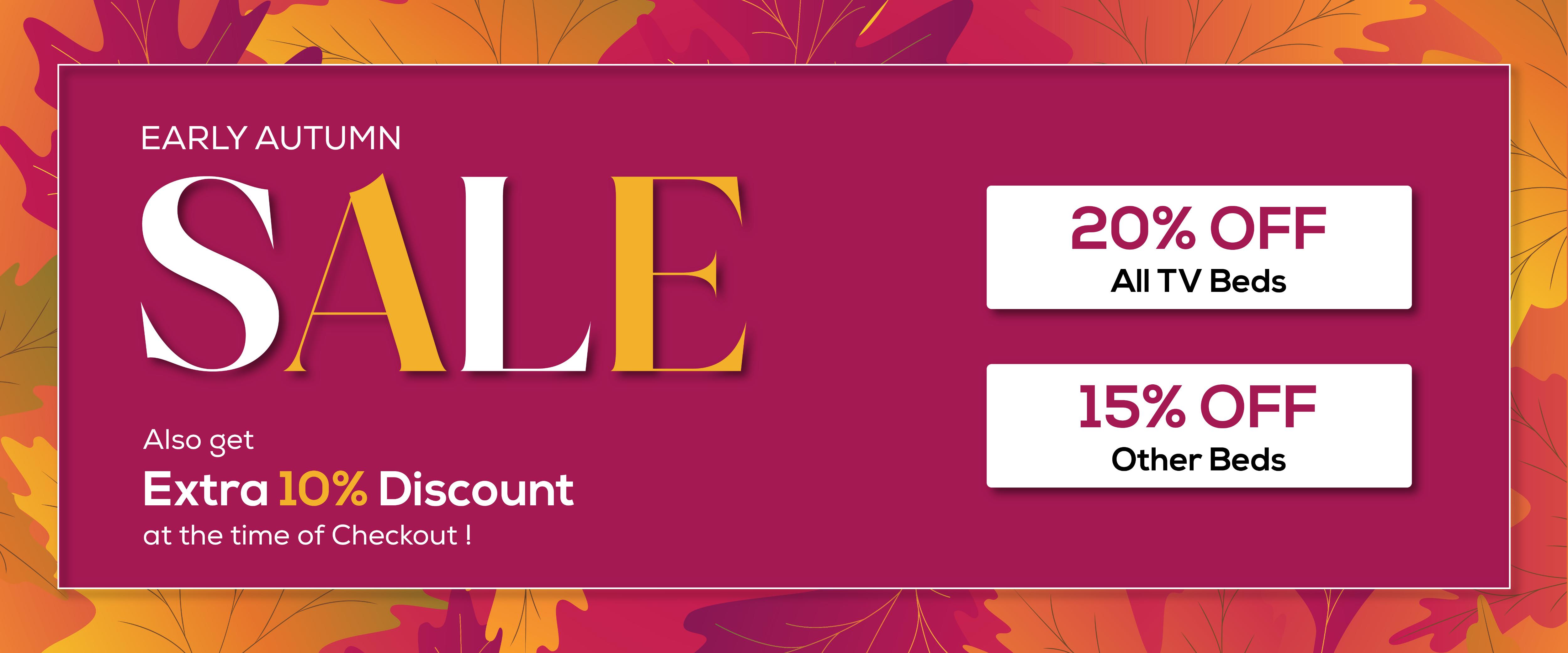 Promotional banner for an early autumn sale with discount information on a colorful background.