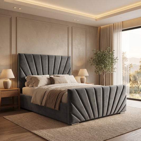 Sunrise Grey Velvet Ottoman Storage Bed with Tall Panel Headboard