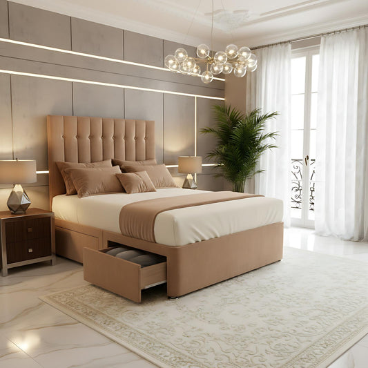 Harper Tufted Panel High Headboard Divan Drawer Storage Bed Frame