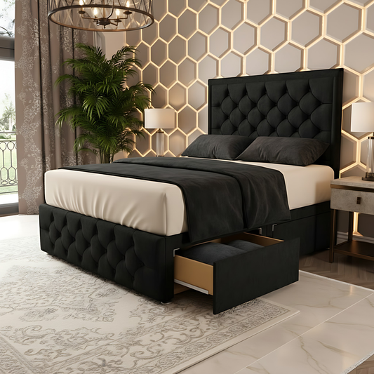 Barcelona Black Chesterfield divan storage bed with high panel headboard and drawer storage.