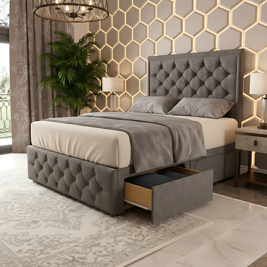Barcelona grey Chesterfield divan storage bed with high panel headboard and drawer storage in modern bedroom.
