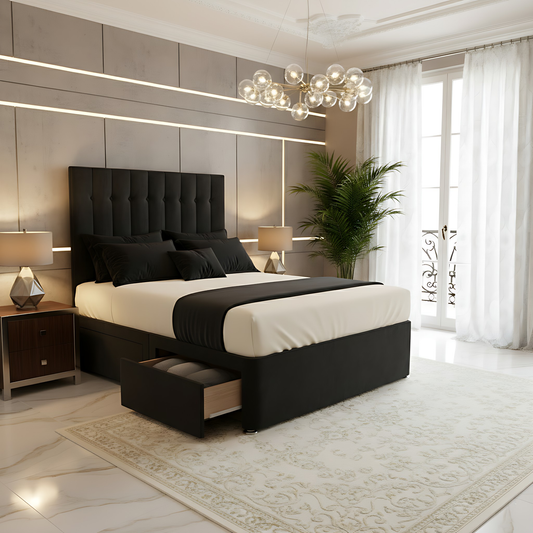 Harper Tufted Panel High Headboard Divan Drawer Storage Bed Frame