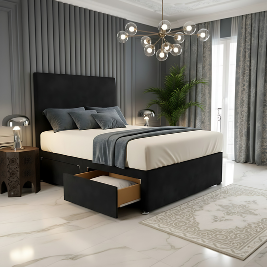 Dakar black high headboard divan storage bed frame with drawer storage in modern bedroom.