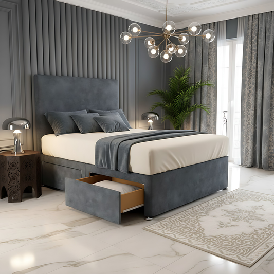 Dakar Dark grey high headboard divan storage bed frame with built-in drawers and upholstered finish.