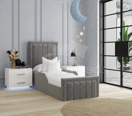 Eadwig charcoal linen upholstered kids bed frame with vertical panel headboard and free 8 inch mattress in kids bedroom.