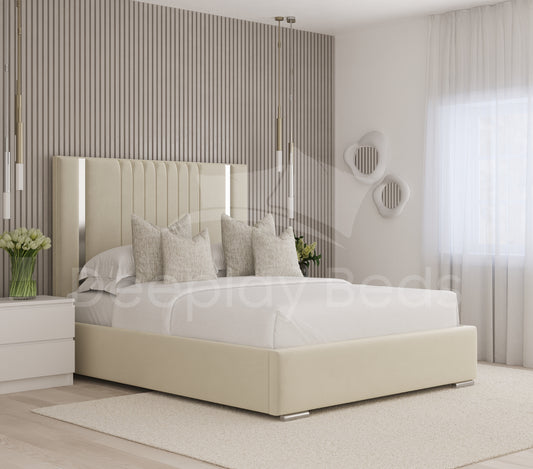 Edge Hill cream upholstered ottoman storage bed with mirror panel headboard in modern bedroom.