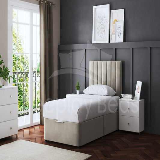 Glasgow mustard upholstered storage bed with tall panel headboard in modern bedroom.