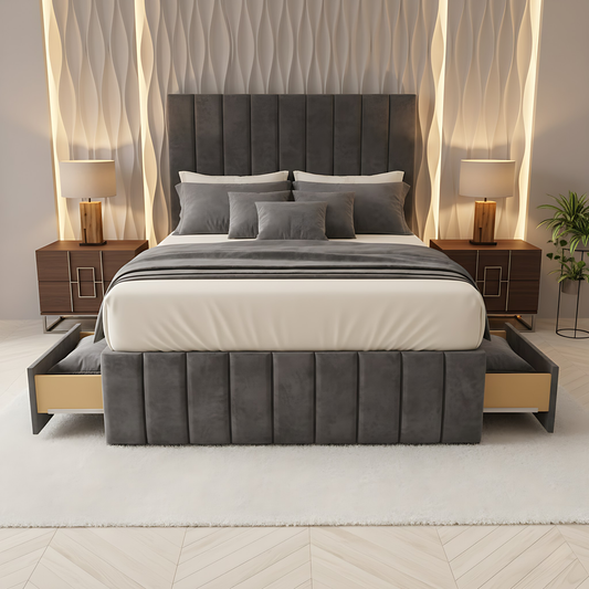 Gray upholstered bed with matching headboard in a modern bedroom setting.