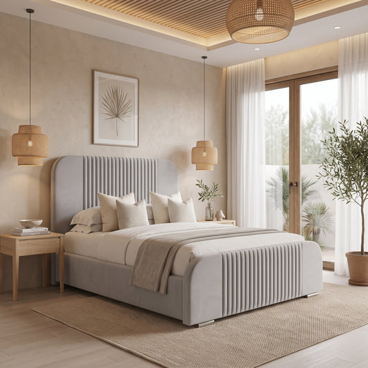 Manchester Silver Upholstered Ottoman Storage Bed with Curved High Headboard
