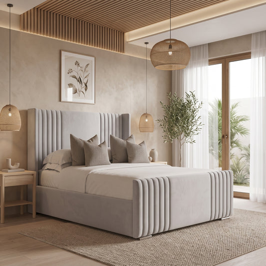 Manhattan Silver Wingback Panel Tall Headboard Ottoman Storage Bed Frame