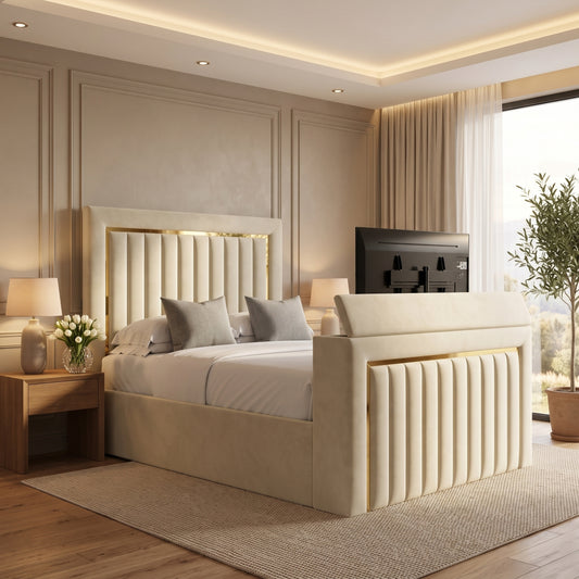 Queen Mary High Headboard Ottoman Storage TV Bed Frame – Cream