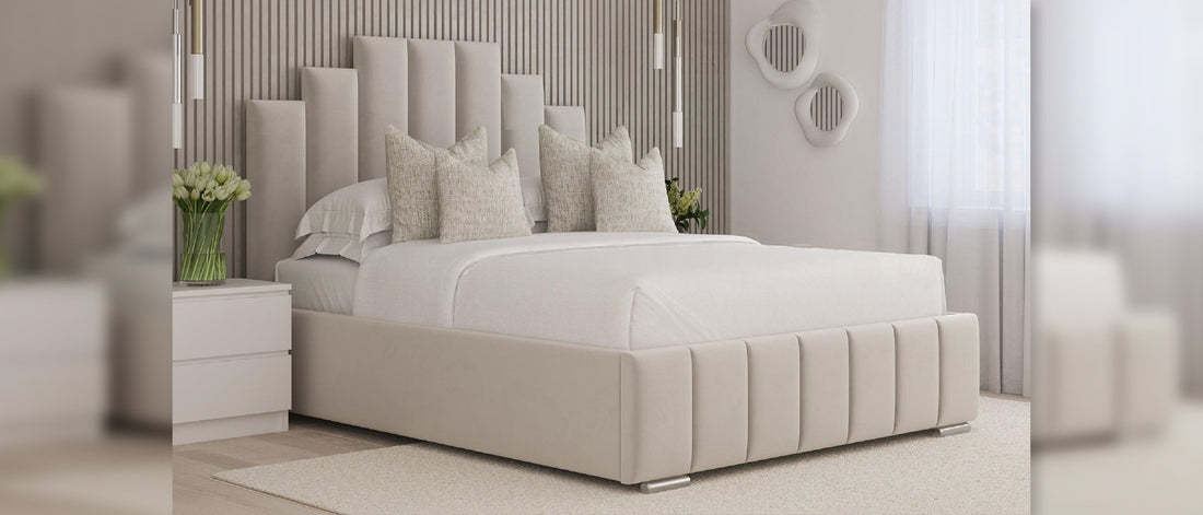 Cream small double bed from Ottoman Beds collection with padded headboard and storage base