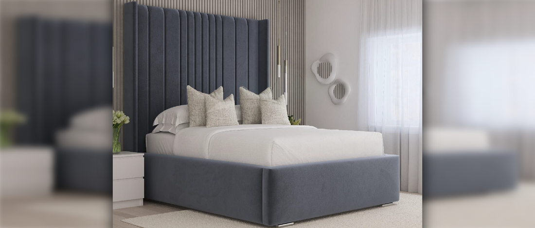 High Headboard Chelsea Wingback Upholstered Ottoman Bed Frame with Tall Headboard in a modern bedroom setting