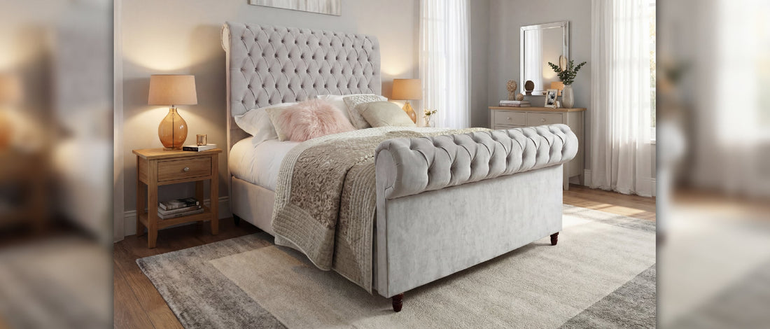 Sheffield Chesterfield sleigh bed with high headboard and storage upholstered in soft fabric