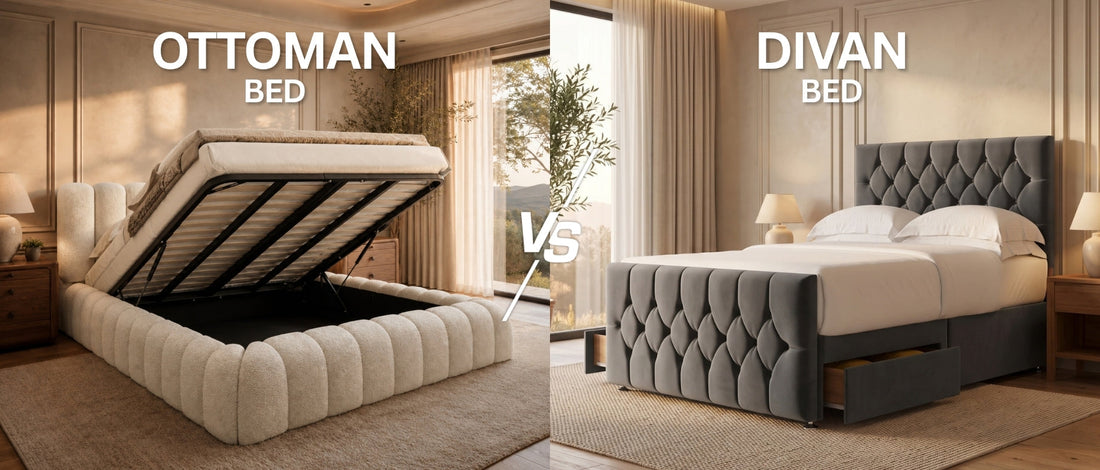 Ottoman bed vs divan bed: cream bouclé ottoman with lift-up storage beside a grey velvet divan bed with pull-out drawers.