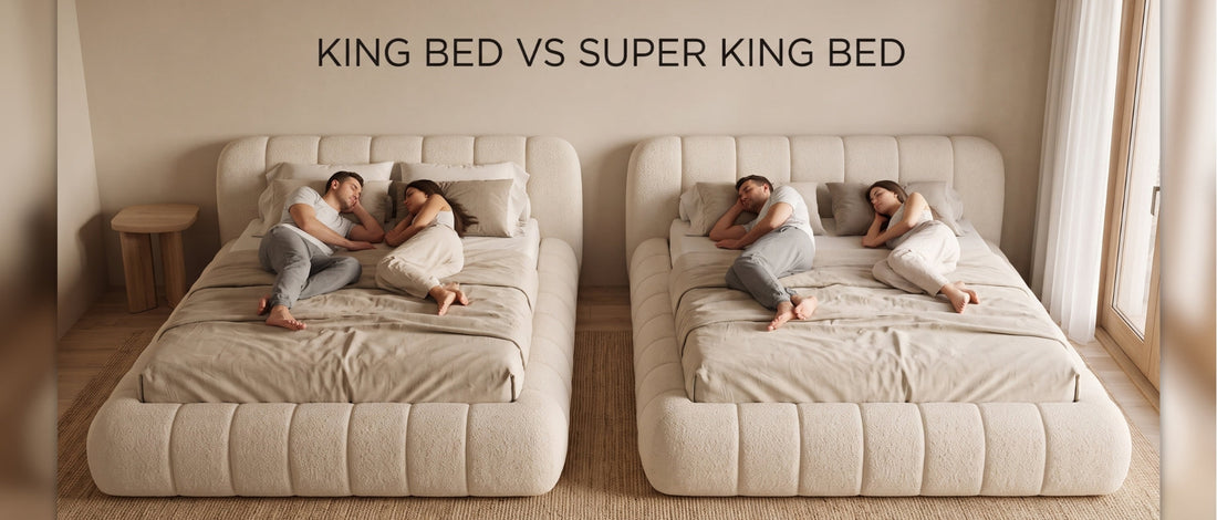 Side-by-side comparison of a couple sleeping on a King size bed versus a Super King size bed, illustrating the difference in width.