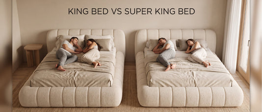 Side-by-side comparison of a couple sleeping on a King size bed versus a Super King size bed, illustrating the difference in width.