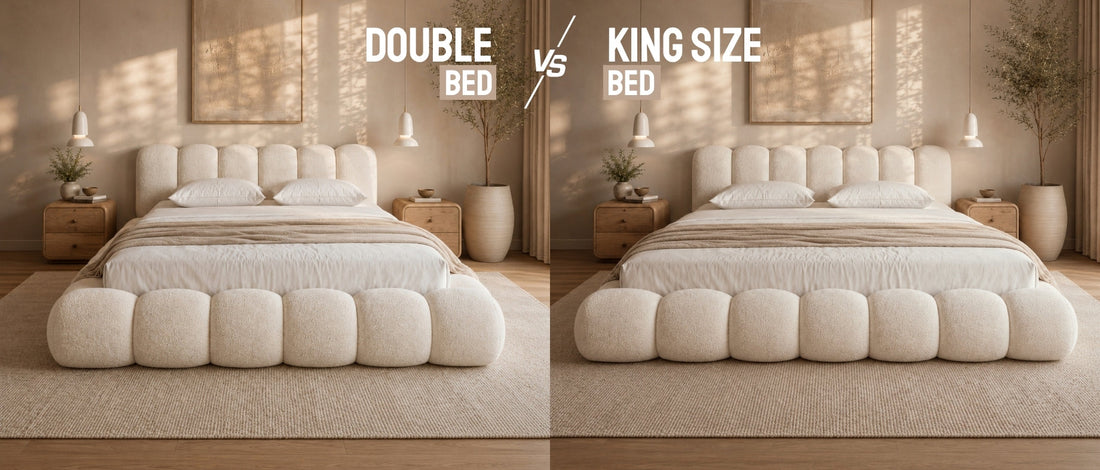 Double bed vs king size bed comparison in a neutral UK bedroom, showing the larger width of a king size bed.
