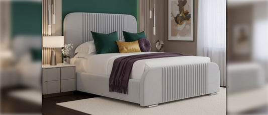 Storage bed frames with upholstered design and modern headboard in a stylish bedroom
