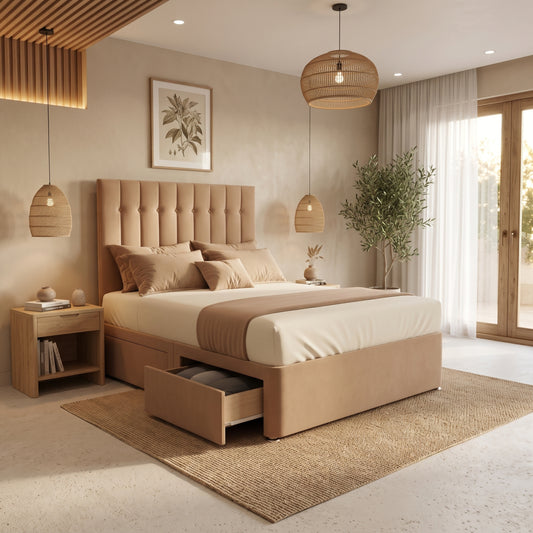 Harper Tufted Panel High Headboard Divan Drawer Storage Bed Frame