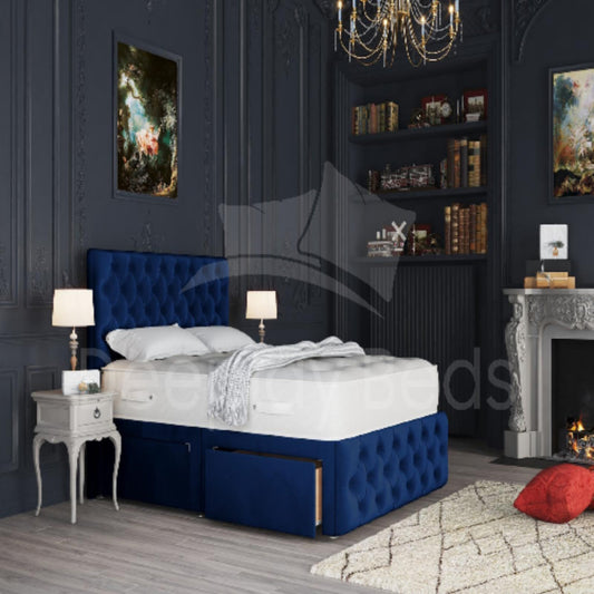 Abertay blue Chesterfield divan storage bed frame with deep tufted headboard and drawer storage.
