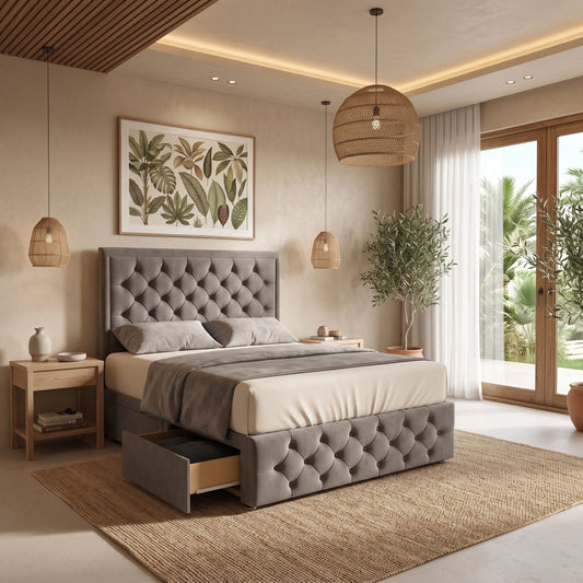 Barcelona Chesterfield Panel High Headboard Divan Drawer Storage Bed