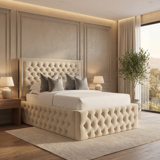 Bournemouth Chesterfield Upholstered Ottoman Storage High Headboard Bed - Cream